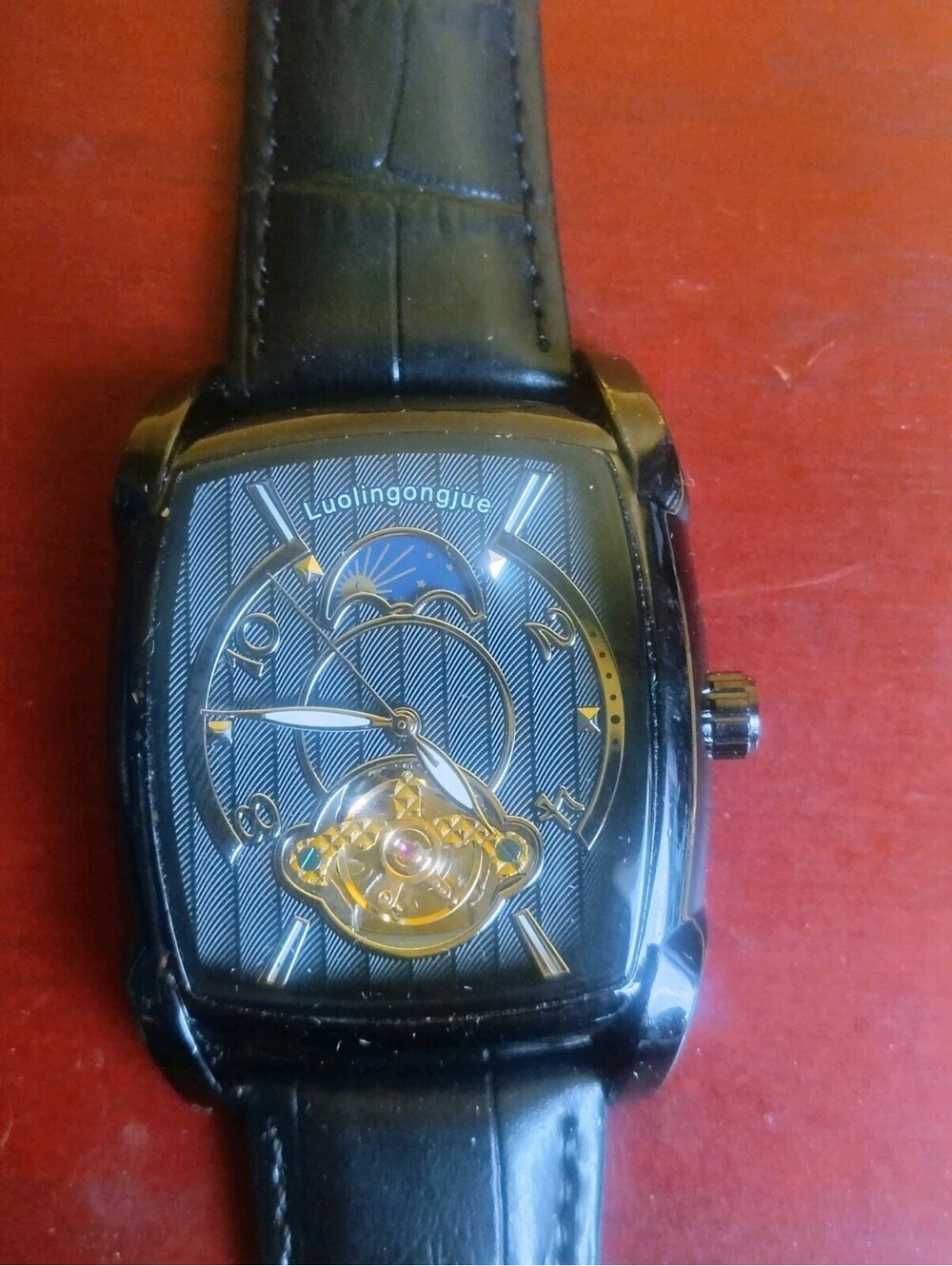 Luolingongjue Automatic Men Watch Tonneau Black Leather Skeleton Sun Moon